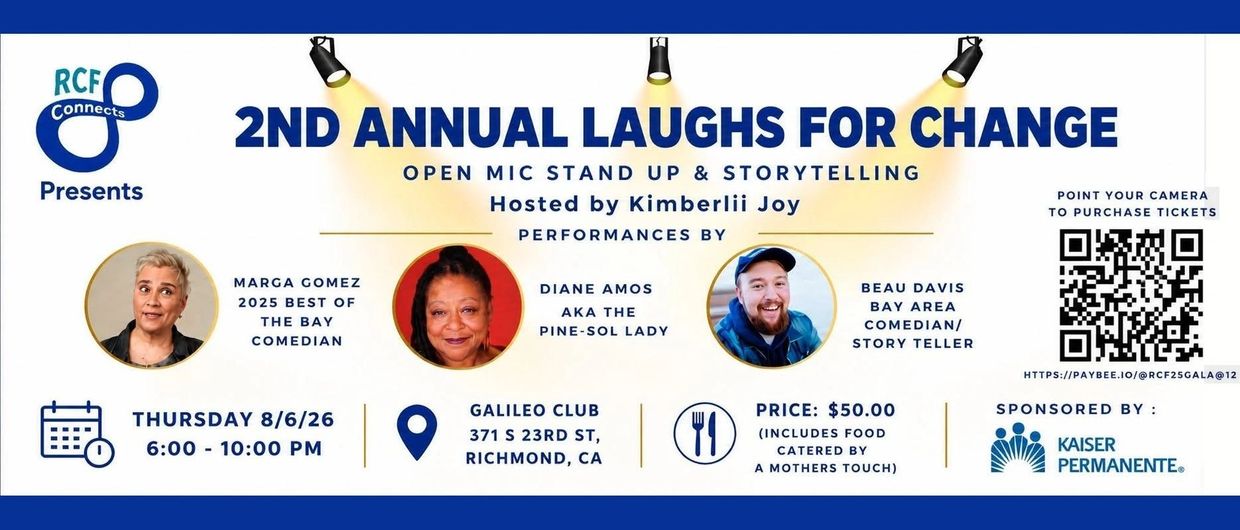 Event flyer for 2nd Annual Laughs for Change open mic storytelling night.