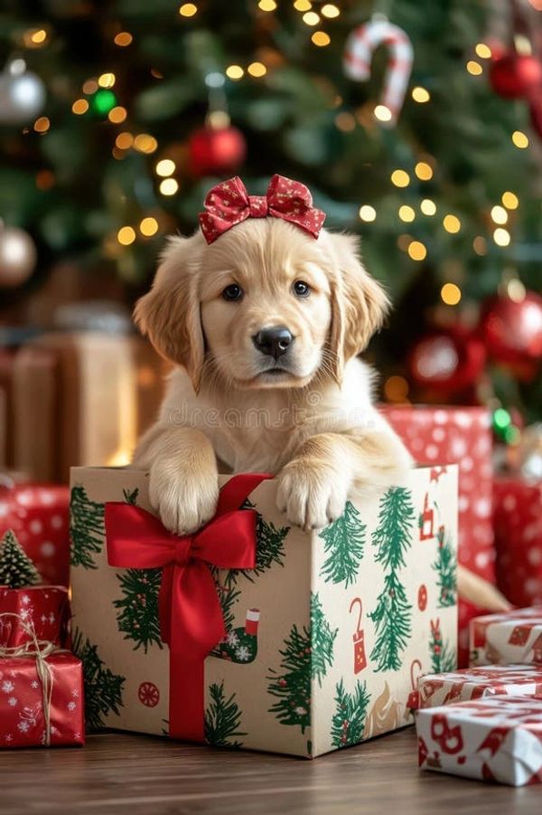 Golden retriever puppy in a Christmas gift box with a red bow.