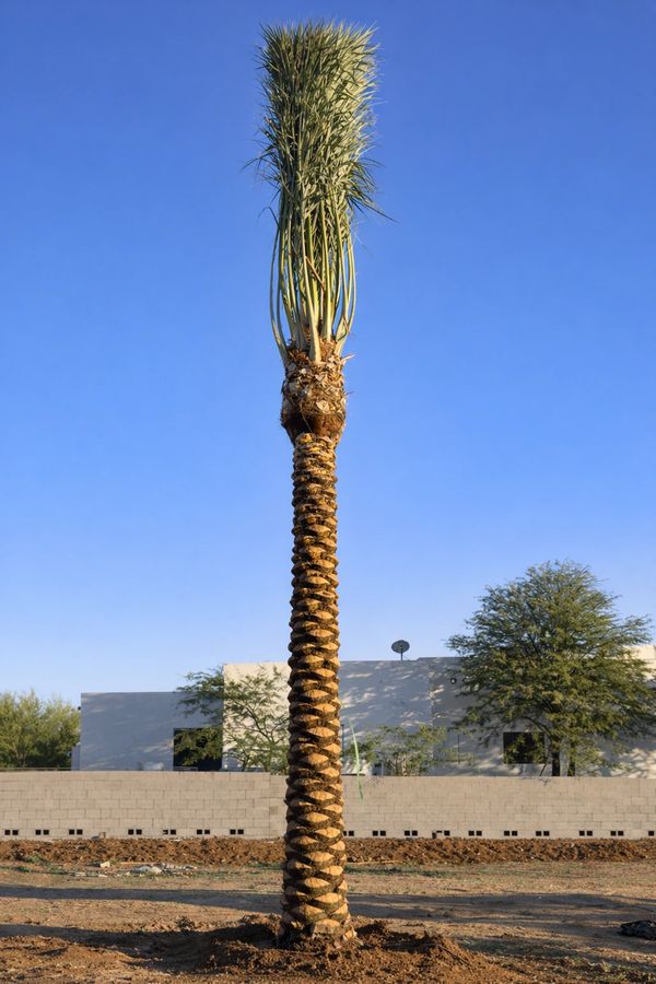 Tall palm tree with trimmed fronds against a clear sky.