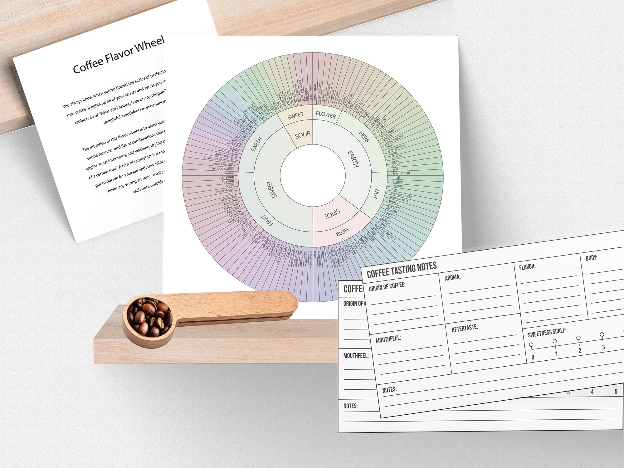 Coffee Flavor Wheel, Tasting Notes Cards, 1 tbsp. 2-in-1 Solid Wood Coffee Bean Scoop