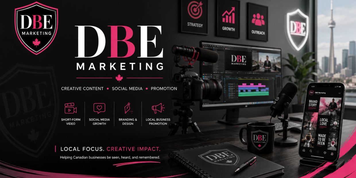 A marketing setup showcasing DBE Marketing's services focused on creative content and social media.