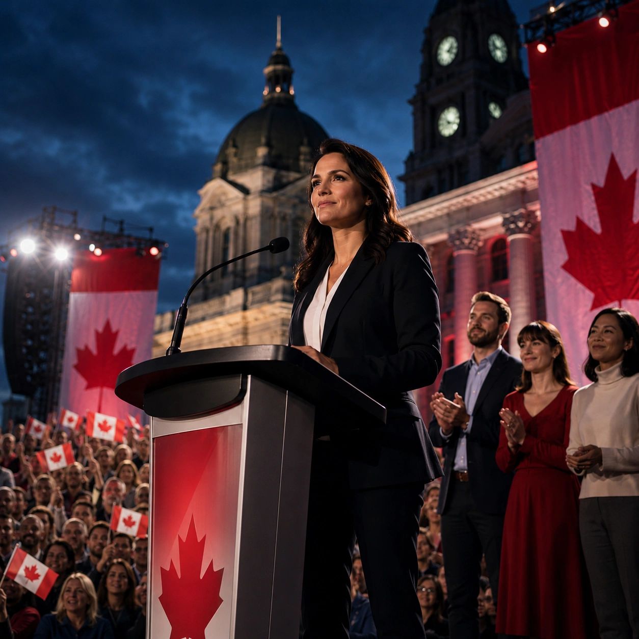 A woman speaks at a Canadian political event with a cheering crowd and Canadian flags.