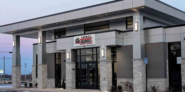Modern animal emergency hospital exterior at dusk.