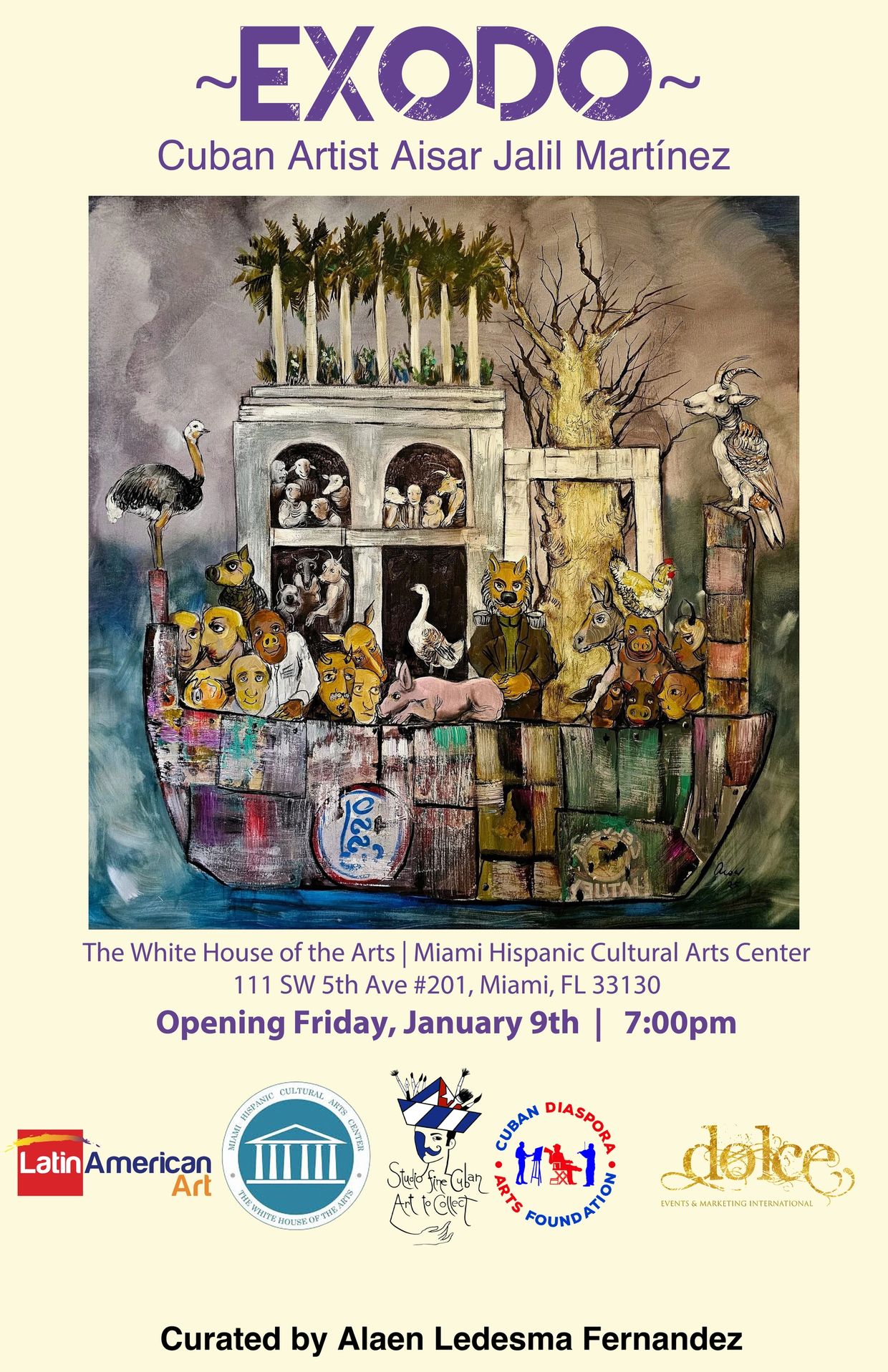 Art exhibit announcement for Cuban artist Aisar Jalil Martínez's EXODO at Miami Hispanic Cultural Arts Center.