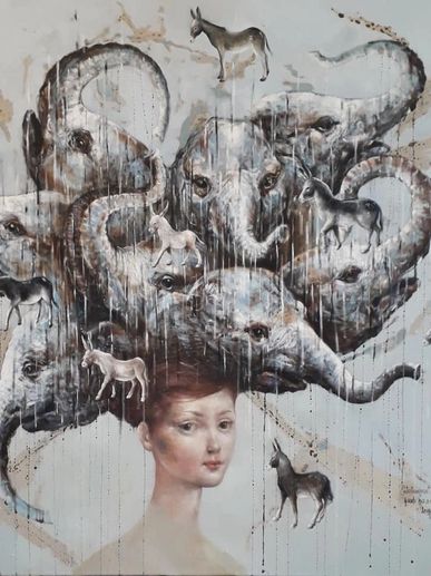Surreal painting of a woman with elephants and donkeys emerging from her hair.