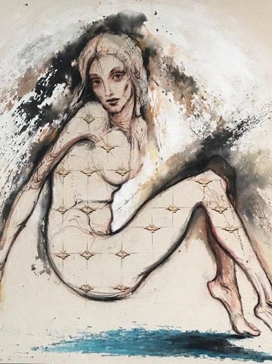 Surreal painting of a seated woman with textured skin and expressive eyes.
