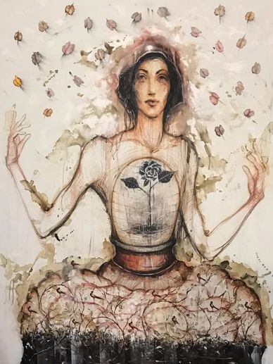 Surreal portrait of a woman with a blooming rose in her chest and floating petals around.
