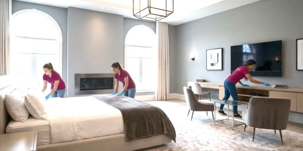 Cleaning staff tidying a modern bedroom.