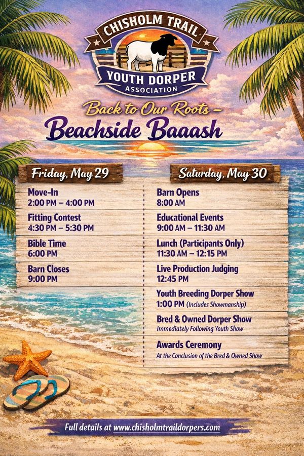 Beachside Baaash event schedule with youth Dorper shows and contests on May 29-30.