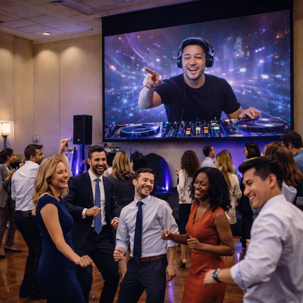 People in formal attire dancing at a party with a DJ on a large screen.