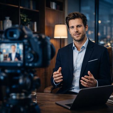 A man in a suit speaking on camera in a cozy office setting.