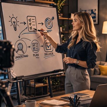 Woman presenting a business plan on a whiteboard in a cozy office.