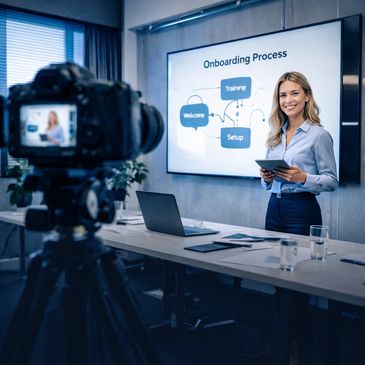 Woman presenting onboarding process on video in modern office.
