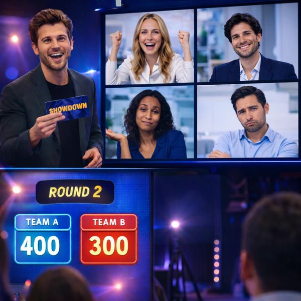 Virtual game show host and contestants in a lively online competition.