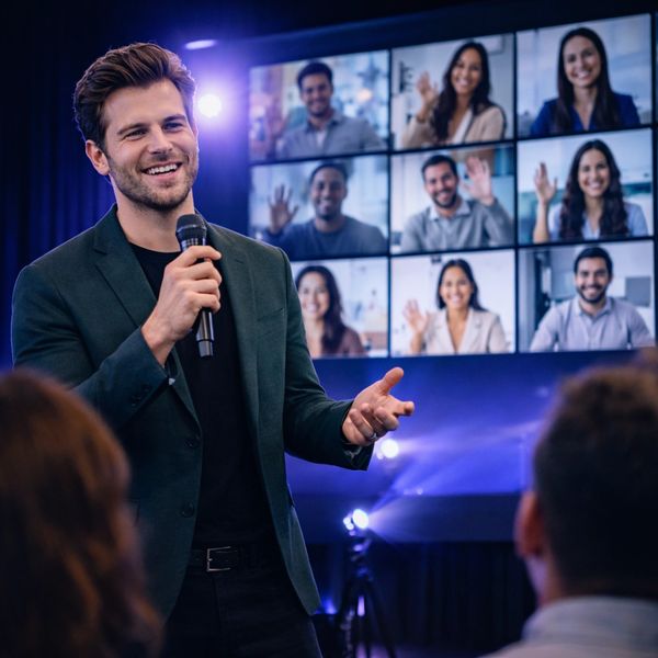 Man giving a presentation with remote audience on screen.