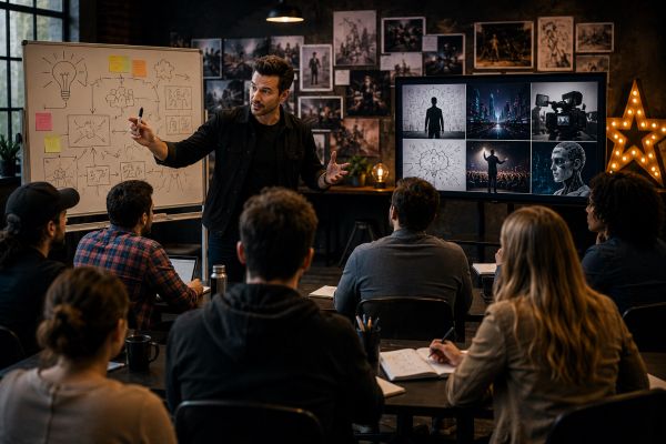 Man presenting creative ideas to a focused team in a modern office.