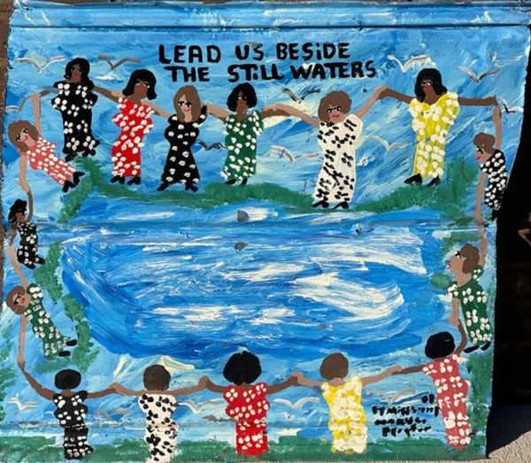 Painting of people holding hands around still waters with text.