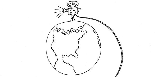 artist drawing of film camera on top of the world