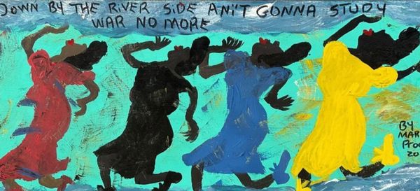 Dancing figures in colorful dresses against a blue background.