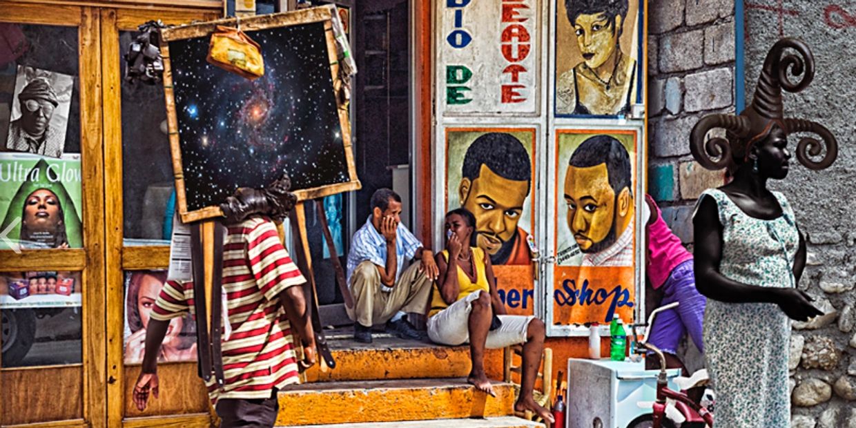 surrealist digital art collage of Haitian street scene from artist James Fischetti