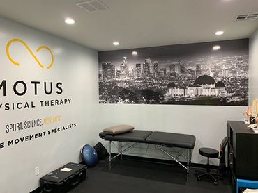 Physical therapy room with treatment table and cityscape wall art.