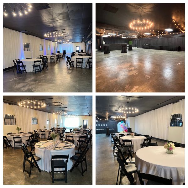 Spacious event hall with round tables, black chairs, and elegant lighting.