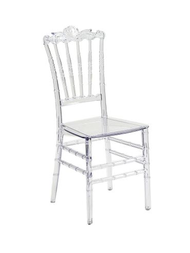 Transparent acrylic chair with elegant design and decorative backrest.