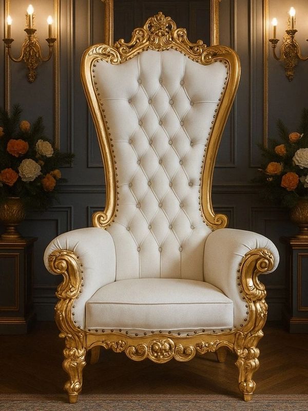 Luxurious white and gold ornate armchair in a classic elegant room.