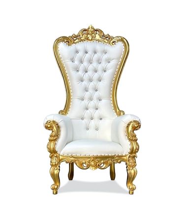 Elegant white and gold tufted throne chair with ornate detailing.