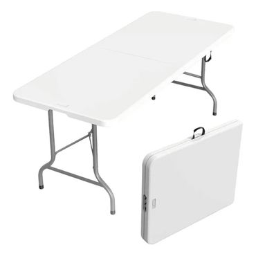 White folding table with metal legs, shown both open and folded.