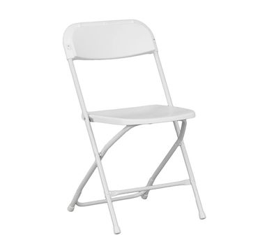 White folding chair made of metal and plastic.