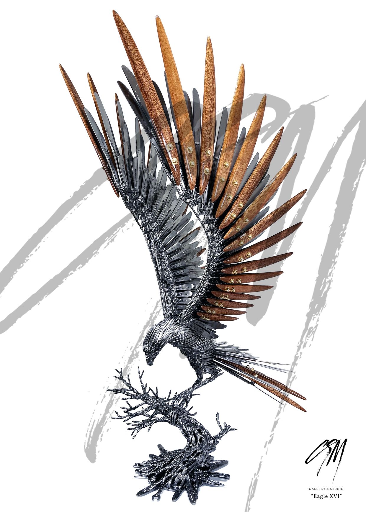 Sculpture of an eagle with wooden and metallic wings perched on a branch.