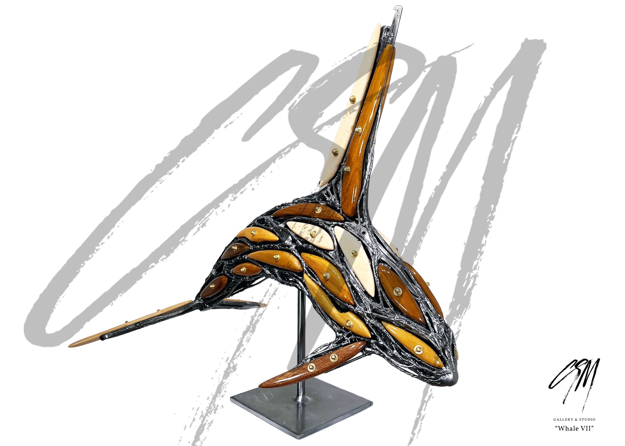 Modern whale sculpture with wooden and metal elements on a stand.