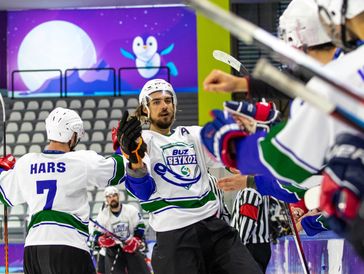 A team of players playing hockey