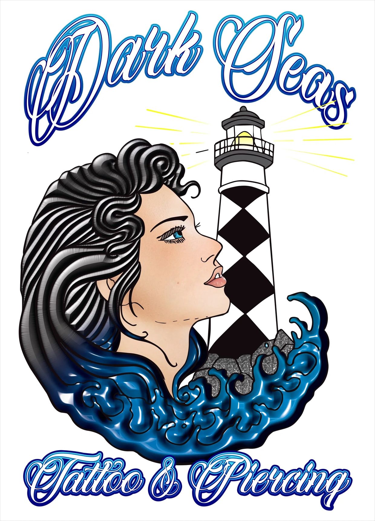Artistic logo featuring a woman's face, lighthouse, and ocean waves with 'Dark Seas Tattoo &amp; Piercing' text.