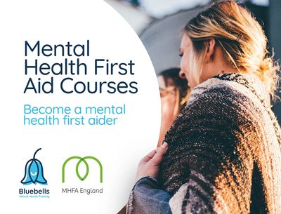 mental health first aid england logo and bluebells mental health first aid training logo