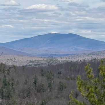 Mountain landscape with a distant snow-capped peak under a cloudy sky.