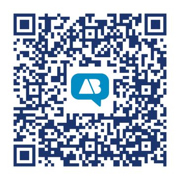 QR code with a blue logo in the center.