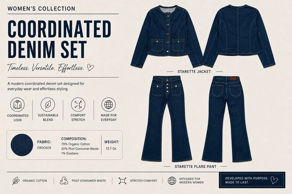Women's coordinated denim set featuring jacket and flare pants with sustainable, comfortable fabric.