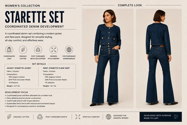 Women's coordinated denim Starette set with jacket and flare pants.