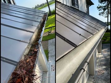 Before and after photos of a cleaned gutter on a metal roof.