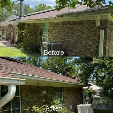 Before and after photos of a house's exterior gutter and downspout cleanup.