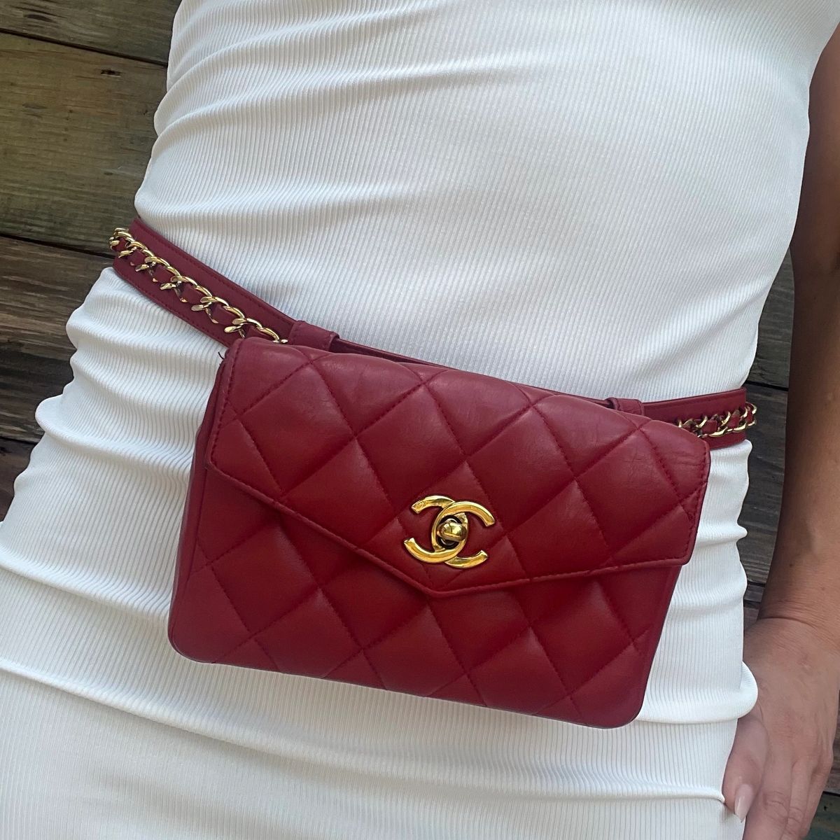 CHANEL Red Lambskin Quilted Belt Red