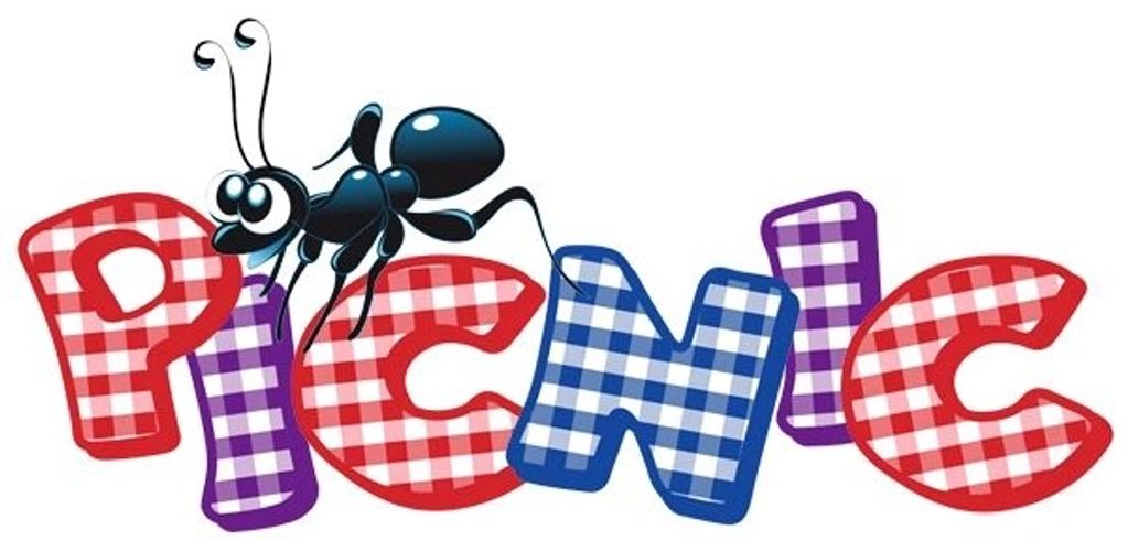 A cartoon ant on colorful checkered letters spelling 'PICNIC.'