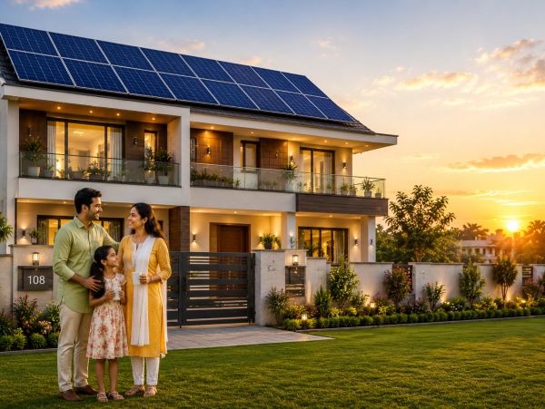 Family standing in front of a solar-powered house at sunset.