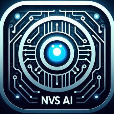 Futuristic AI logo with circuitry and glowing blue center.