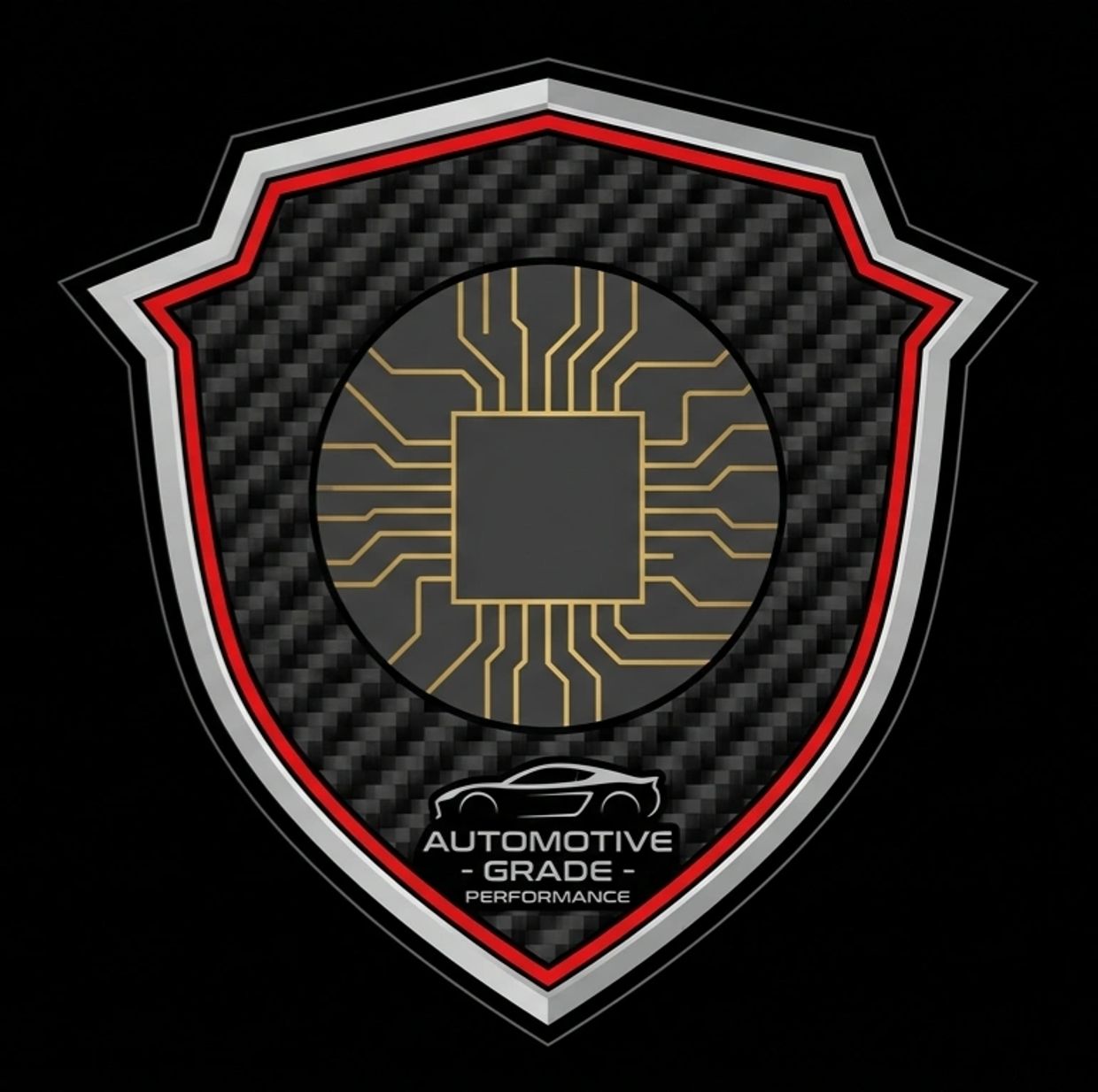 Automotive Grade Performance badge with microchip design.