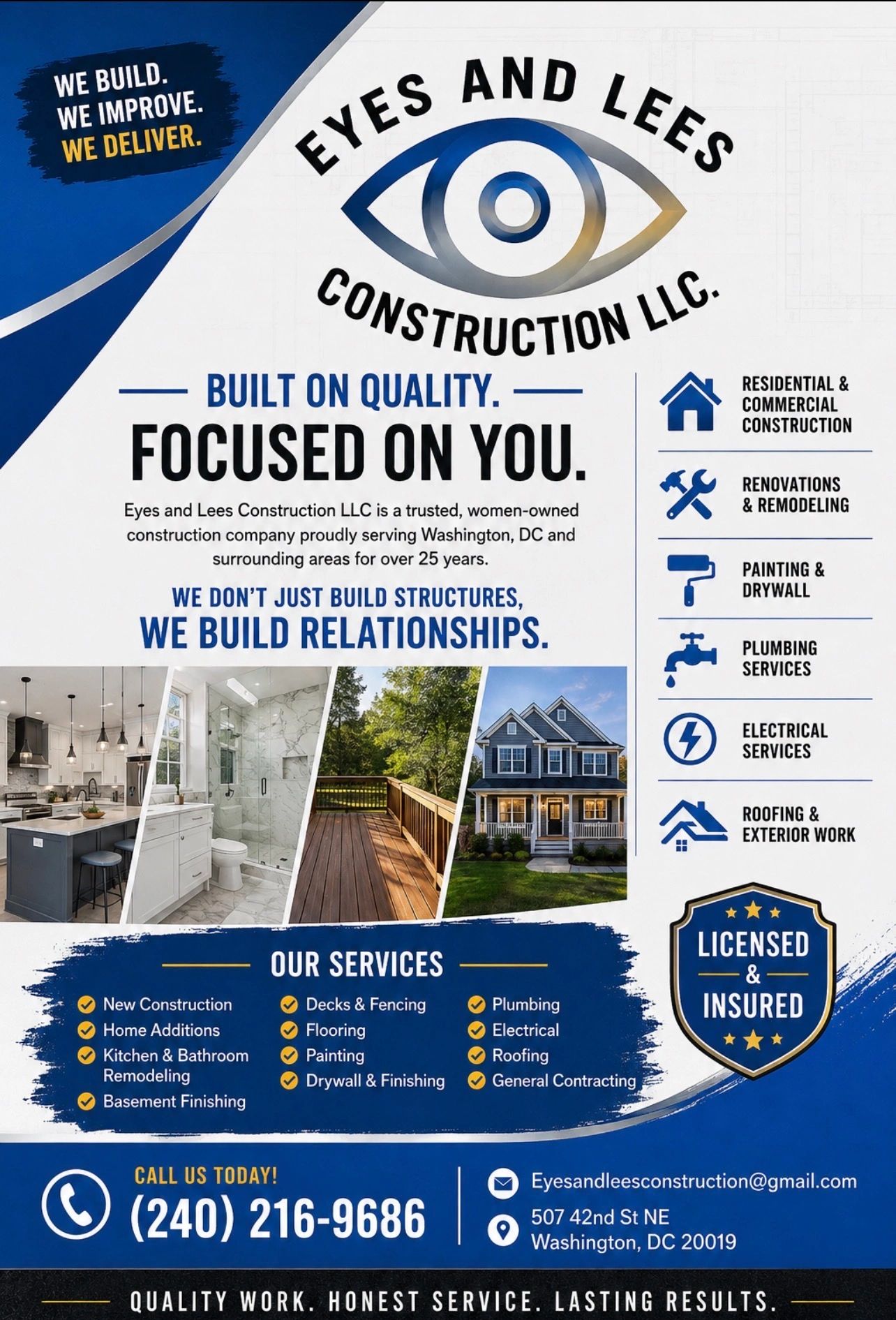 Advertisement for Eyes and Lees Construction LLC services and contact info.