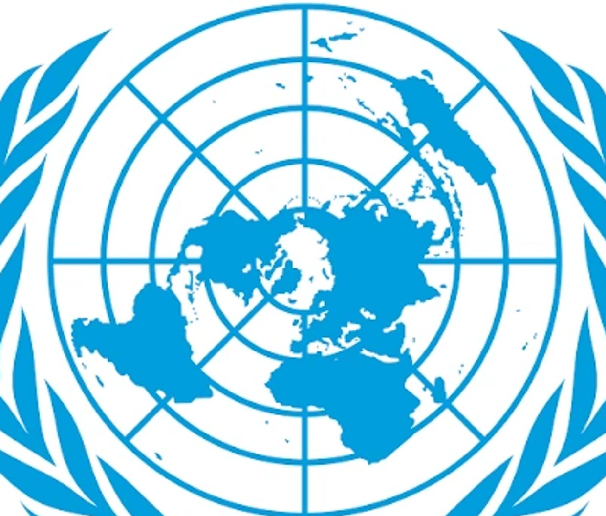United Nations emblem with world map and olive branches.