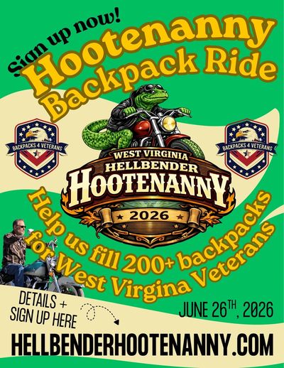 Event poster for the 2026 Hootenanny Backpack Ride supporting West Virginia veterans.